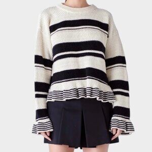 English Factory Striped Ruffle Hem Sweater Black and Cream